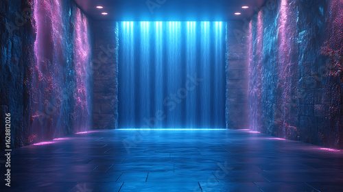 Neon Waterfall Room Futuristic Cyberpunk Interior Design