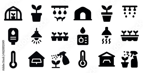 Gardening and farming solid icons set – filled, planting and agriculture symbols