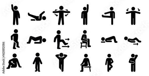 Exercise and fitness solid icons set – workout, silhouette, health symbols