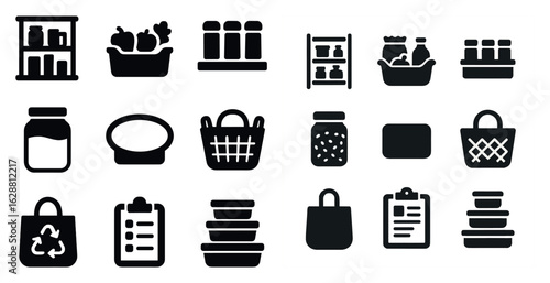 Pantry essentials solid icons set – food, storage, kitchen organization symbols