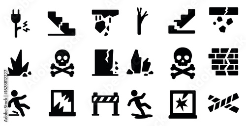 Hazard safety solid icons set – warning, danger, emergency symbols