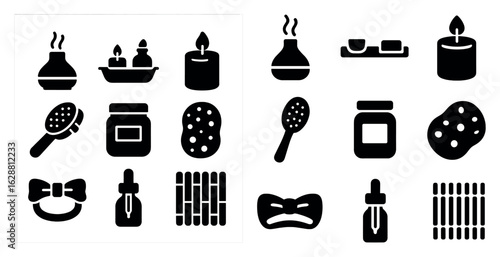 Aromatherapy and spa solid icons set – filled, relaxation, wellness symbols