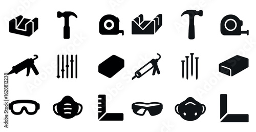 Carpentry tools silhouette icons set – solid, construction, woodworking symbols