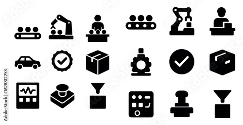 Manufacturing and industry icons set – solid, filled, production and automation symbols