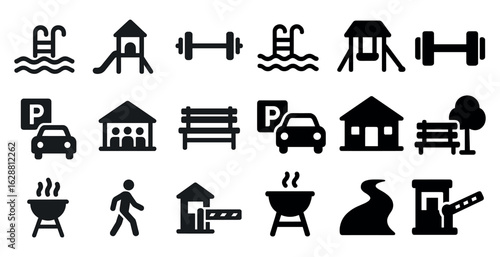 Recreation and leisure silhouette icons set – simple, filled, activity and park symbols