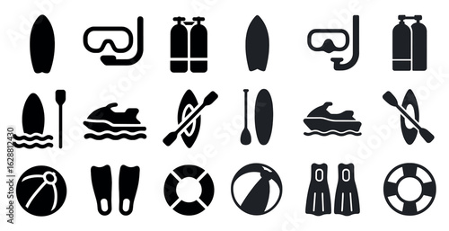 Water sports solid icons set – silhouette, aquatic, adventure activity symbols