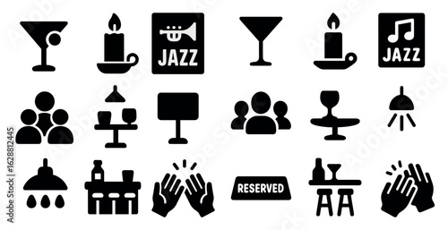 Jazz and nightlife solid icons set – filled, music, entertainment symbols