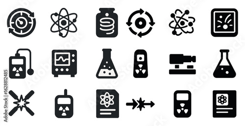 Science and chemistry solid icons set – lab, experimental, scientific symbols