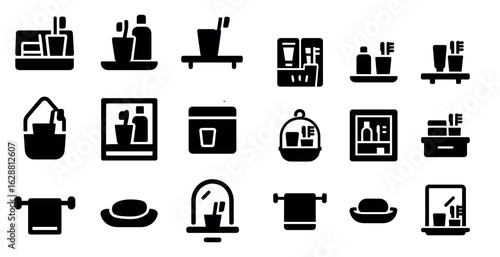Bathroom essentials silhouette icons set – flat, filled, self-care symbols
