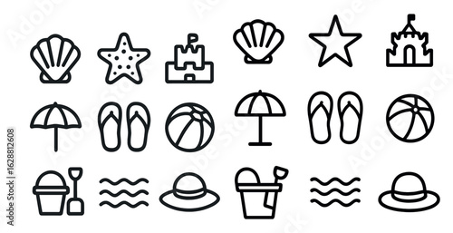 Beach and summer outline icons set – seaside, vacation, holiday symbols
