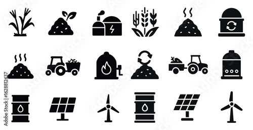 Biomass energy silhouette icons set – solid, filled, sustainable and eco-friendly symbols