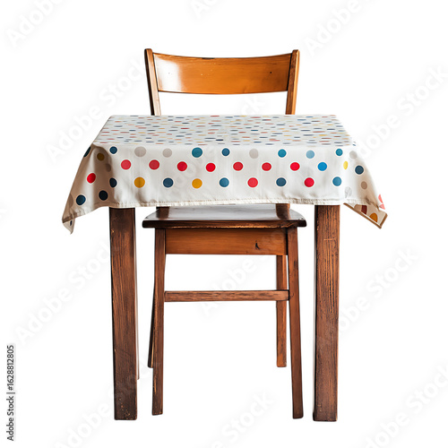  Wooden Chair and Table with Polka Dot Tablecloth