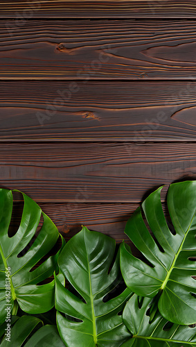 Lush green monstera leaves framing dark wooden planks offering organic and modern design contrast for backgrounds