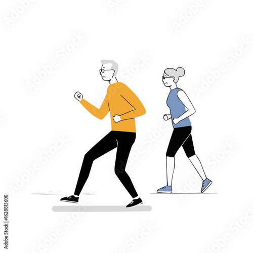 Older adults jogging in athletic wear with a cheerful expression  