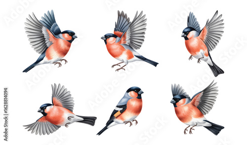 Watercolor illustration of bullfinch birds in flight and perched poses isolated on white background on white background.