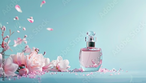A pink perfume bottle sits on a light blue background, surrounded by pink blossoms and crystals, with more petals floating in the air