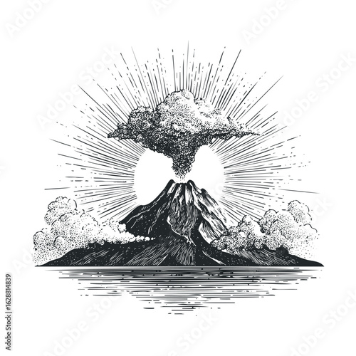 Majestic volcanic eruption with dramatic clouds and radiating light