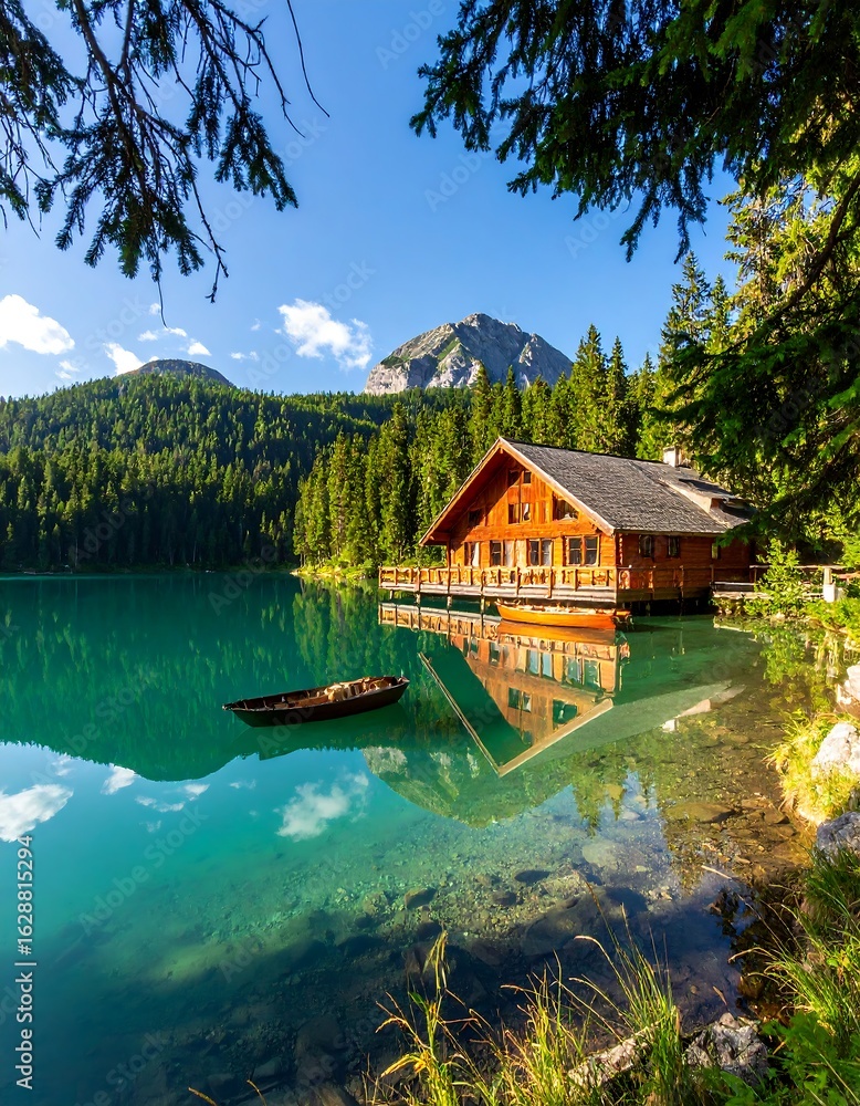 Naklejka premium Lakeside cabin at dawn