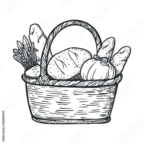 Fresh produce basket with vegetables and bread for healthy meals