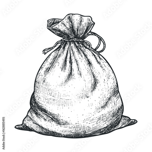 Drawn sack filled with assorted items for storage and organization