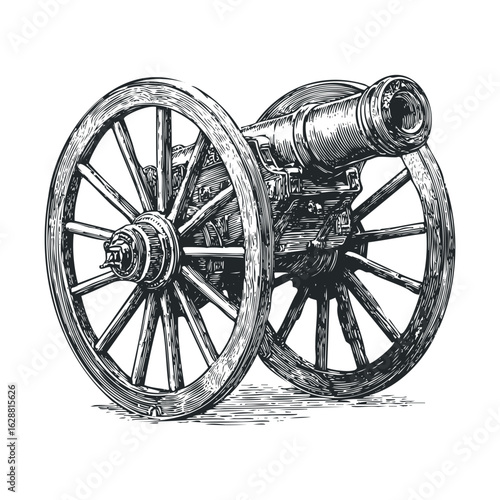 Vintage military cannon on wheels, showcasing historical design