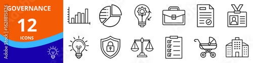 Corporate Governance Icons Set thin-line vector illustration — compliance document, bar chart, pie chart, shield lock, justice scales, briefcase — isolated transparent background
