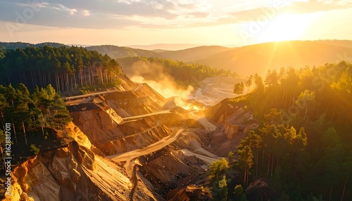 Opencast Mine at Sunrise with Forest and Hills