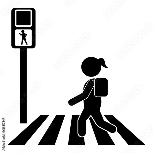 信号を守って横断歩道を渡る小学生のピクトグラム