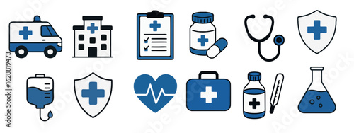 Medicine, pharmacy, hospital set of drugs with labels. Medication, pharmaceutics concept. Vector illustration