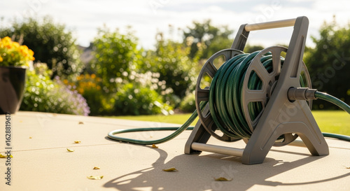 Garden hose coiled for storage on reel in sunny backyard patio
