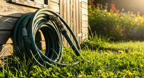 Garden hose coiled on wooden wall outdoors in sunlight