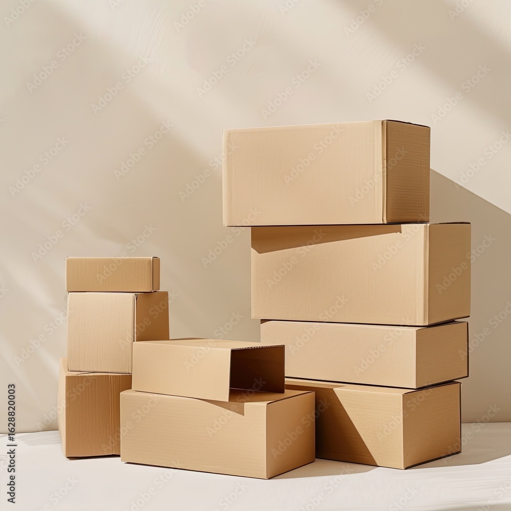 Obraz premium Cardboard boxes stacked, sunlight, minimal background, packaging
