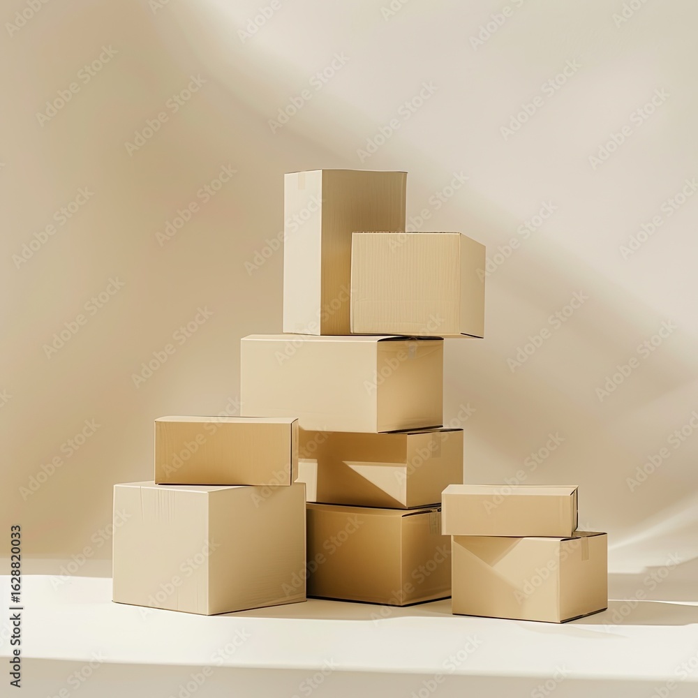 Obraz premium Beige Cardboard Boxes Stacked, Sunlight, Minimalist Studio, Packaging