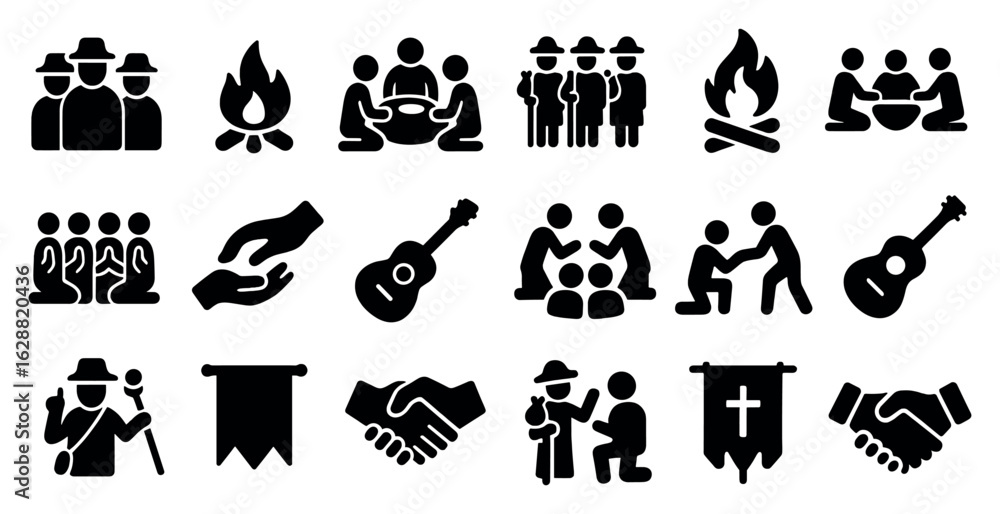 Obraz premium Community and culture silhouette icons set – filled, solid, social and gathering symbols