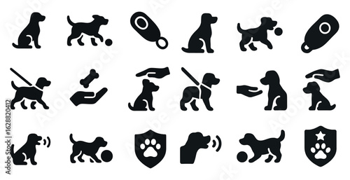 Dog training silhouette icons set – pet obedience visuals and behavior symbols