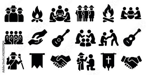 Community and culture silhouette icons set – filled, solid, social and gathering symbols