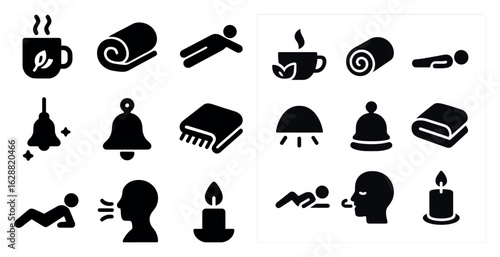 Relaxation and mindfulness solid icons set – silhouette, filled, wellness and peace
