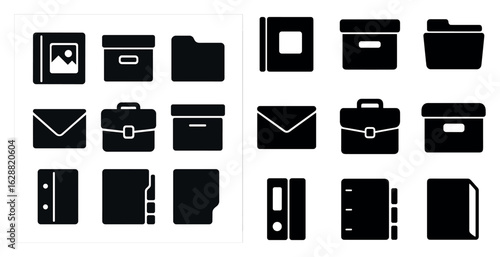 Document management solid icons set – filled, silhouette, office and file organization