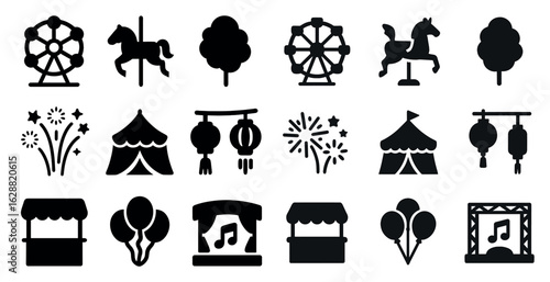 Amusement park silhouette icons set - carnival, fair, recreational symbols