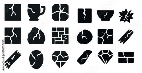 Cracked texture silhouette icons set – jagged, broken, abstract visual elements