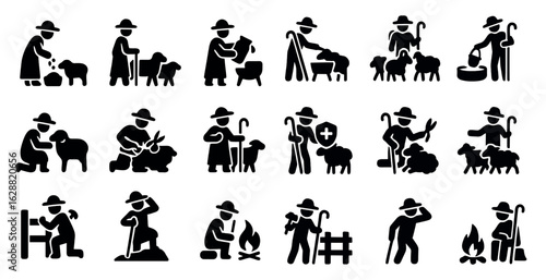 Farmer and animals silhouette icons set – solid, outline, rural life symbols