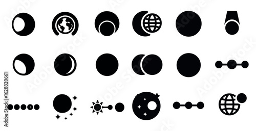 Phases of the moon silhouette icons set – flat, celestial, lunar cycle symbols