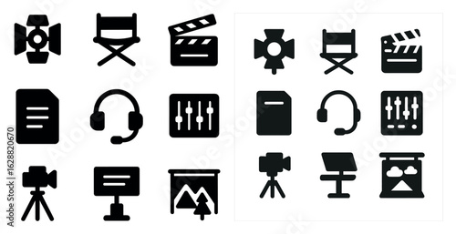 Film industry silhouette icons set – solid, filled, movie and cinema symbols