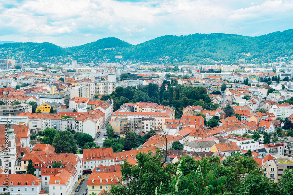 Obraz premium Aerial view of city of Graz, one of the largest cities in Austria