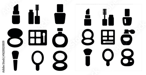 Cosmetics and beauty silhouette icons set – makeup, skincare, grooming symbols