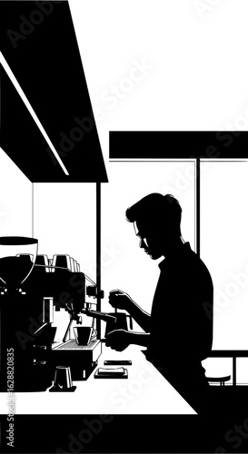 Barista preparing espresso coffee drink with machine at cafe for customers professional service