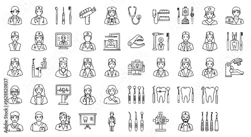 Collection of medical and dental icons vector set featuring doctors nurses and dental equipment outlines vector