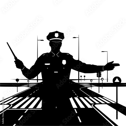 Police officer silhouette directing traffic at intersection vector illustration design element art