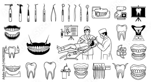 Dental care and oral hygiene vector illustration with dentist tools and teeth for healthy smile and dental exam