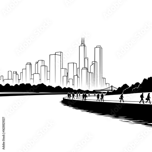 Cityscape skyline vector illustration with buildings and people walking along the riverfront promenade view